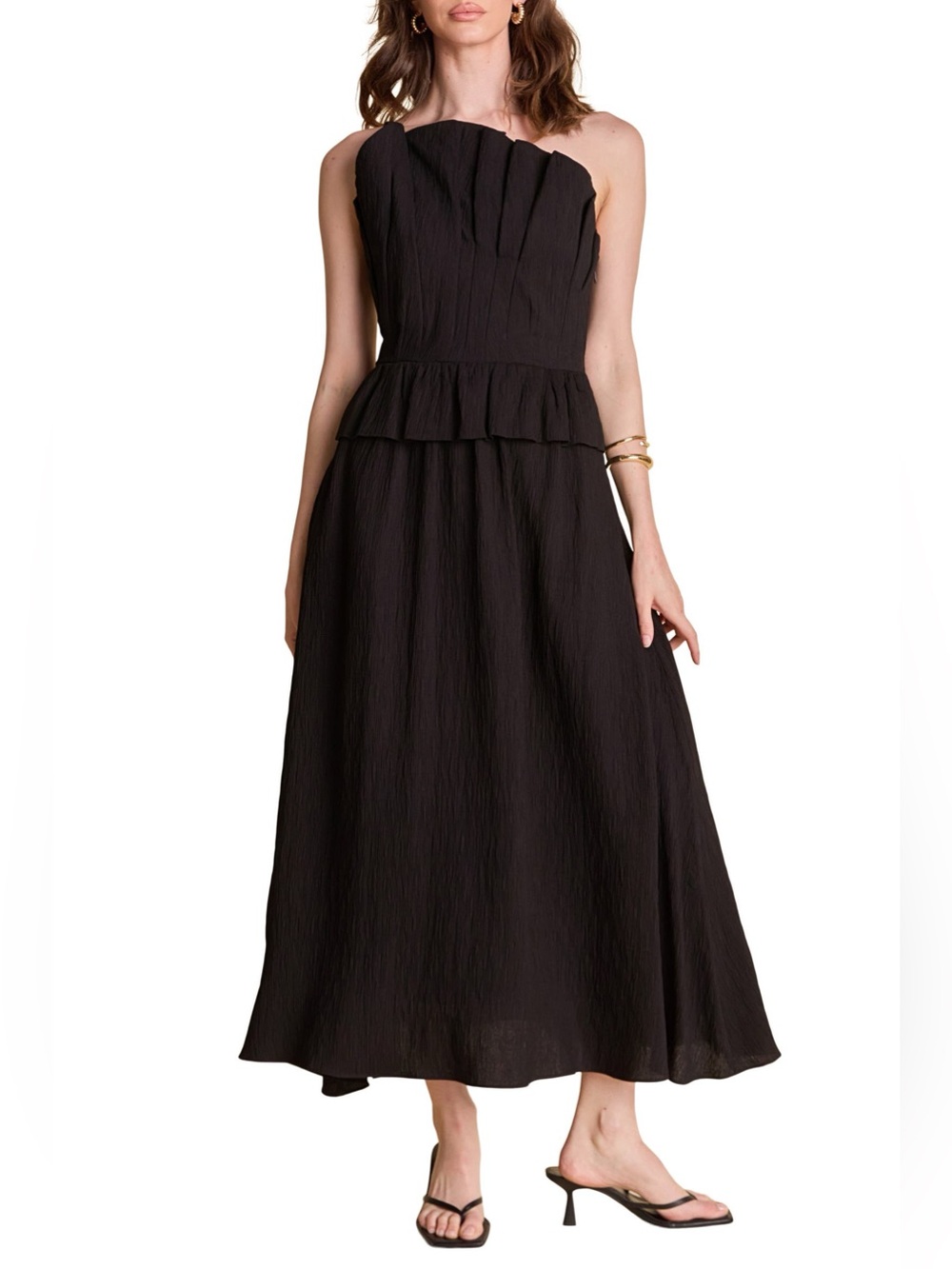 English Factory Pleated Ruffle Strapless Maxi Dress Black Medium